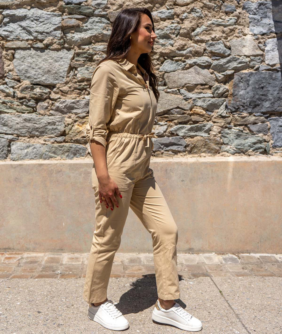 Combinaison style bleu de travail Cot beige de coté