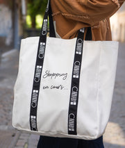 Tote Bag blanc 100% coton avec inscription "shopping en cours" cote1