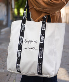 Tote Bag blanc 100% coton avec inscription "shopping en cours" cote1