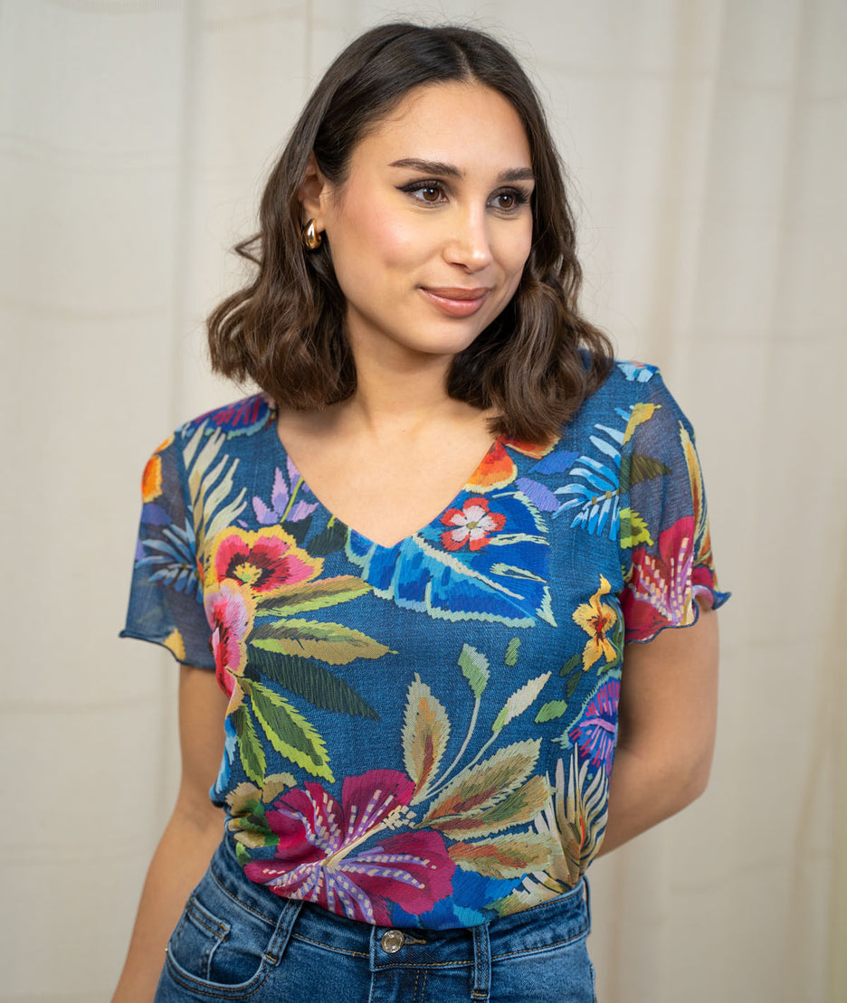 T-shirt en résille motif fleurs face