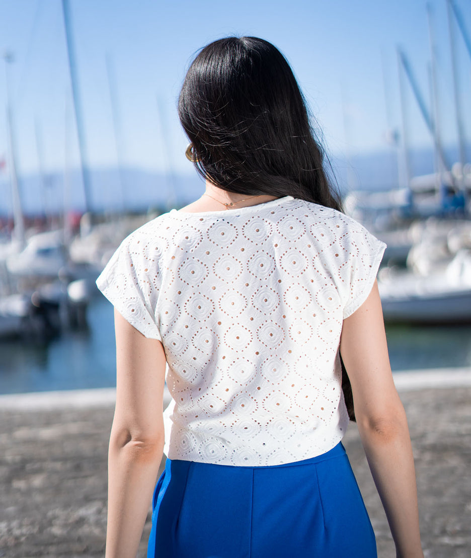 T-shirt ajouré imprimé floral blanc de dos