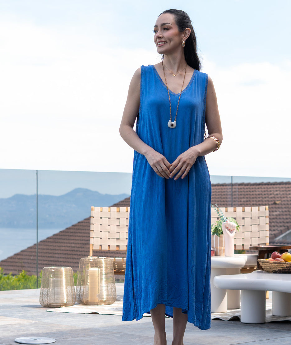 Robe longue ample Unia bleu roi tenue complète