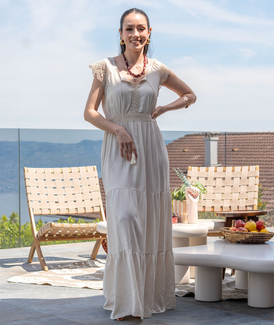 Robe longue bohème Reno beige face avant