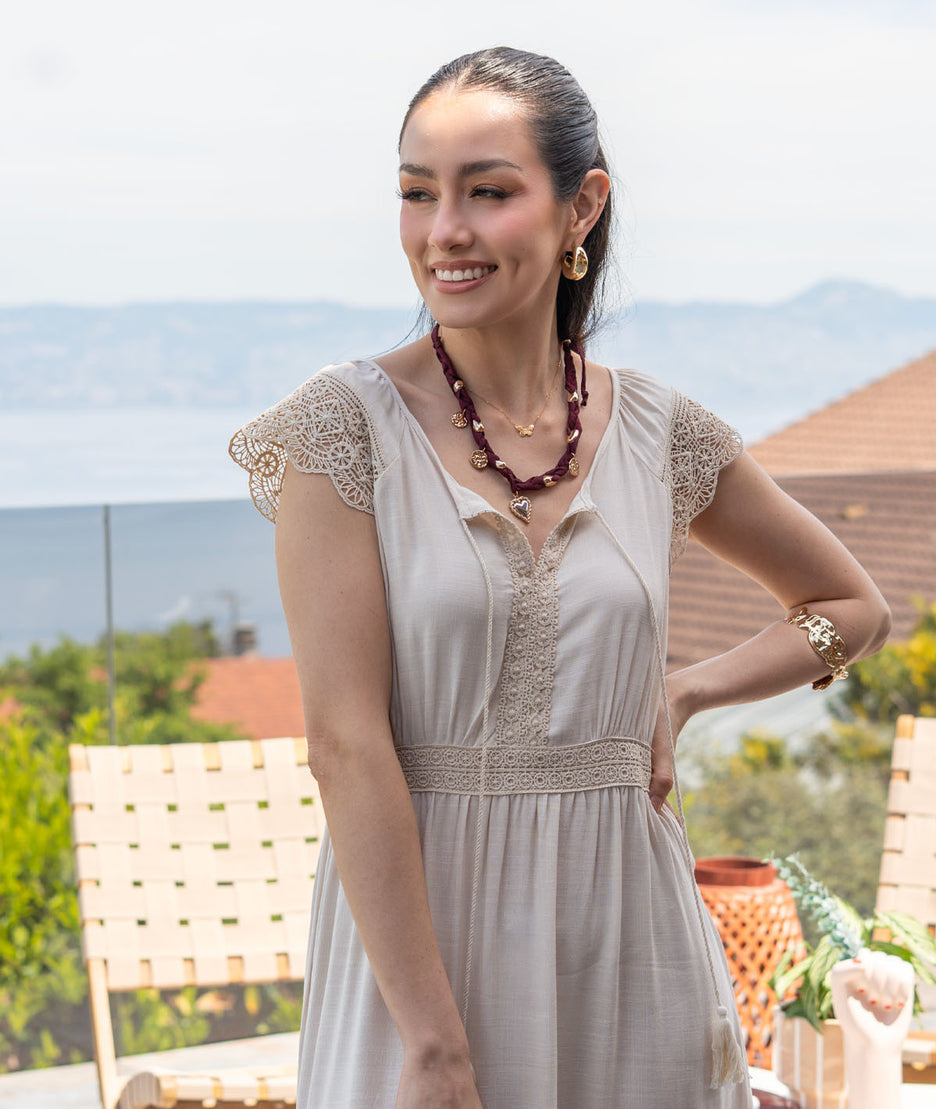 Robe longue bohème Reno beige zoom haut