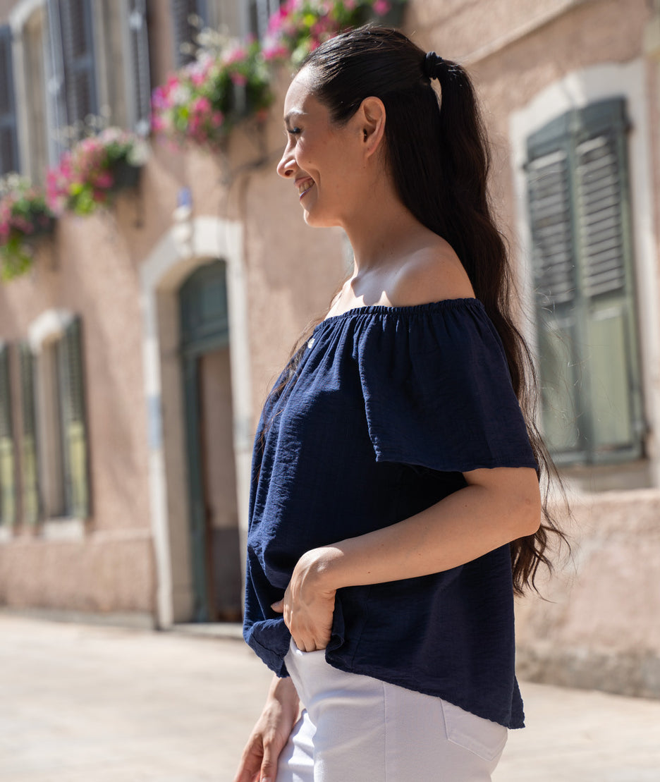 T-shirt col bardot Leabo marine côté