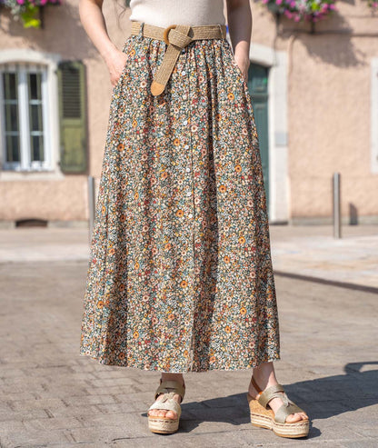 Jupe longue motif fleuri kaki face