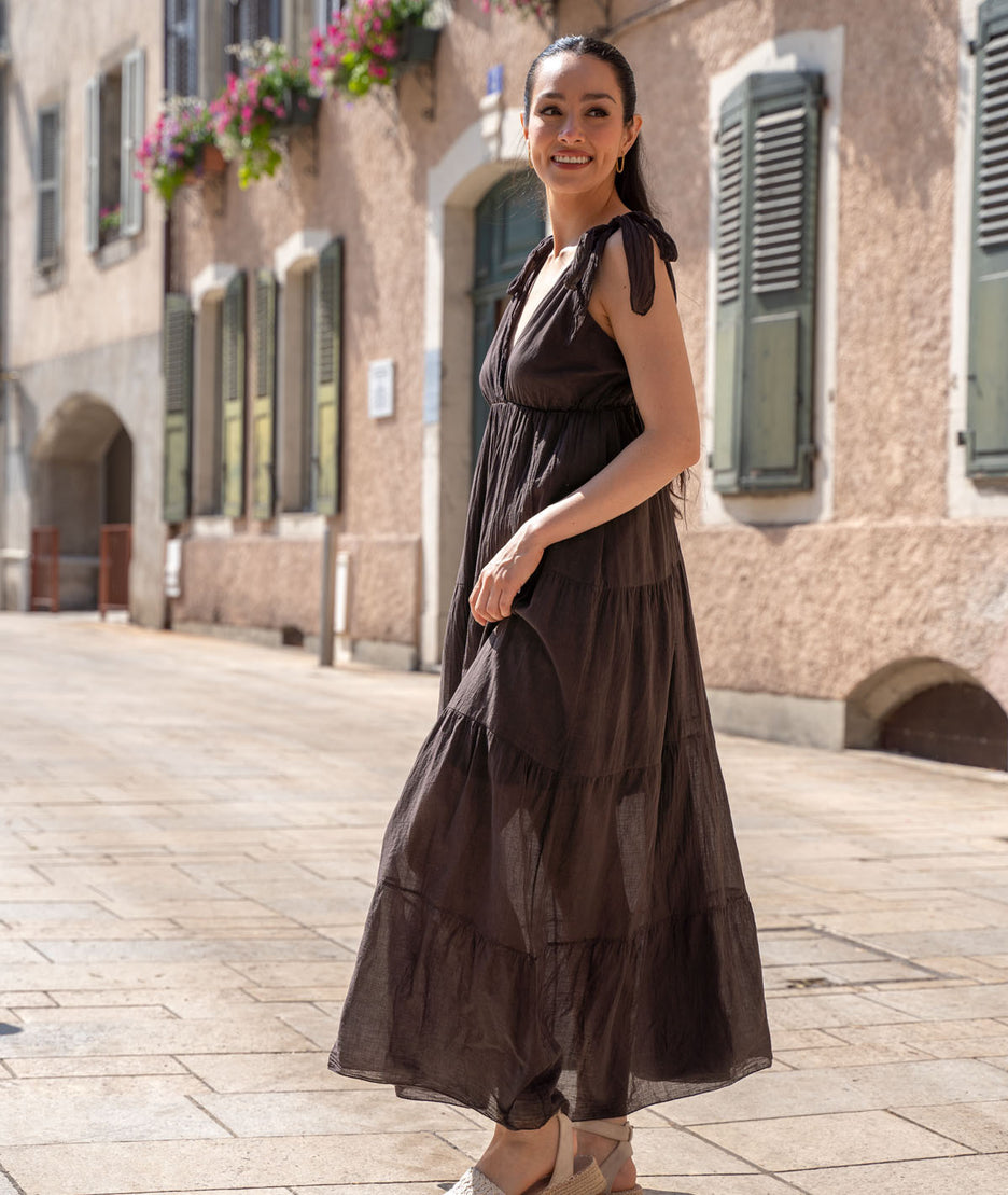 Robe unie longue en Coton choco coté