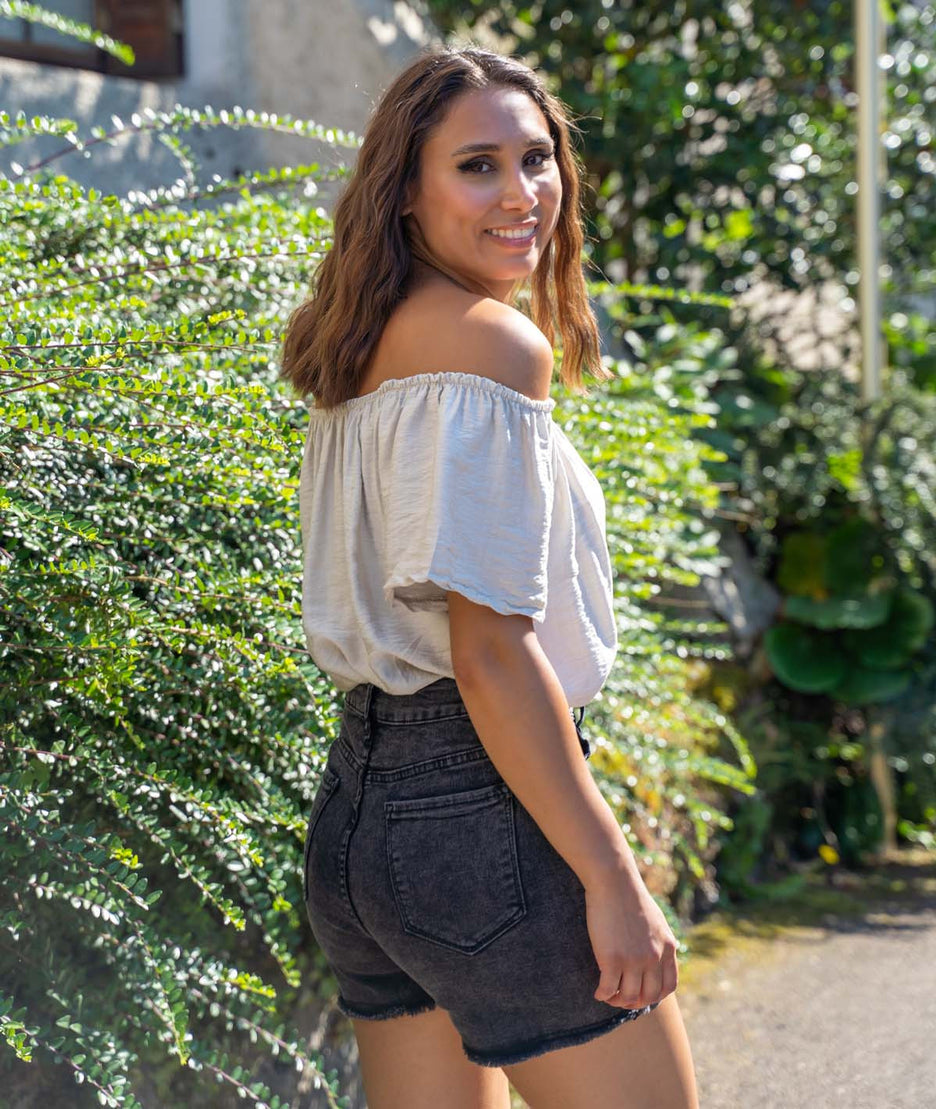 T-shirt col bardot Leabo beige coté