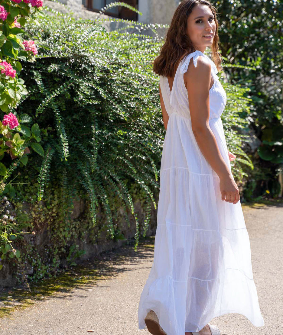 Robe unie longue en Coton Bess blanc coté