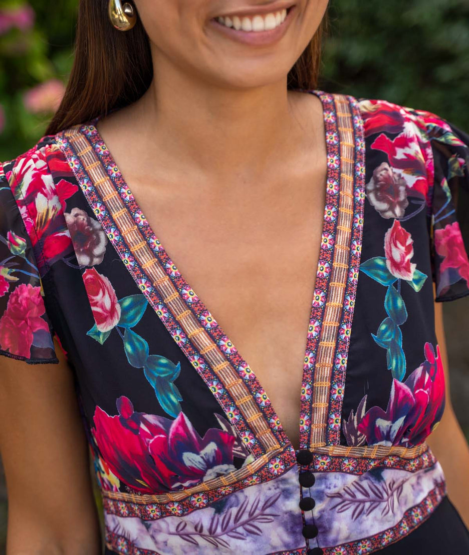 Robe longue en mousseline Ellia noir détails