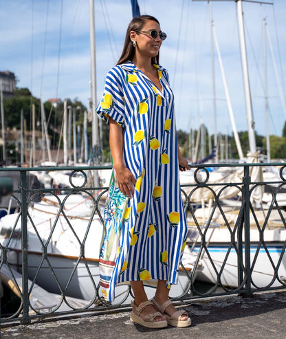 Robe longue bi matière Quento bleu face