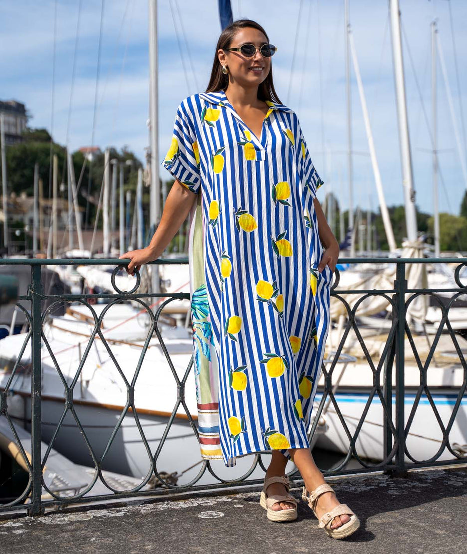 Robe longue bi matière Quento bleu face