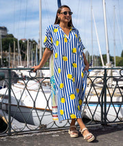 Robe longue bi matière Quento bleu face