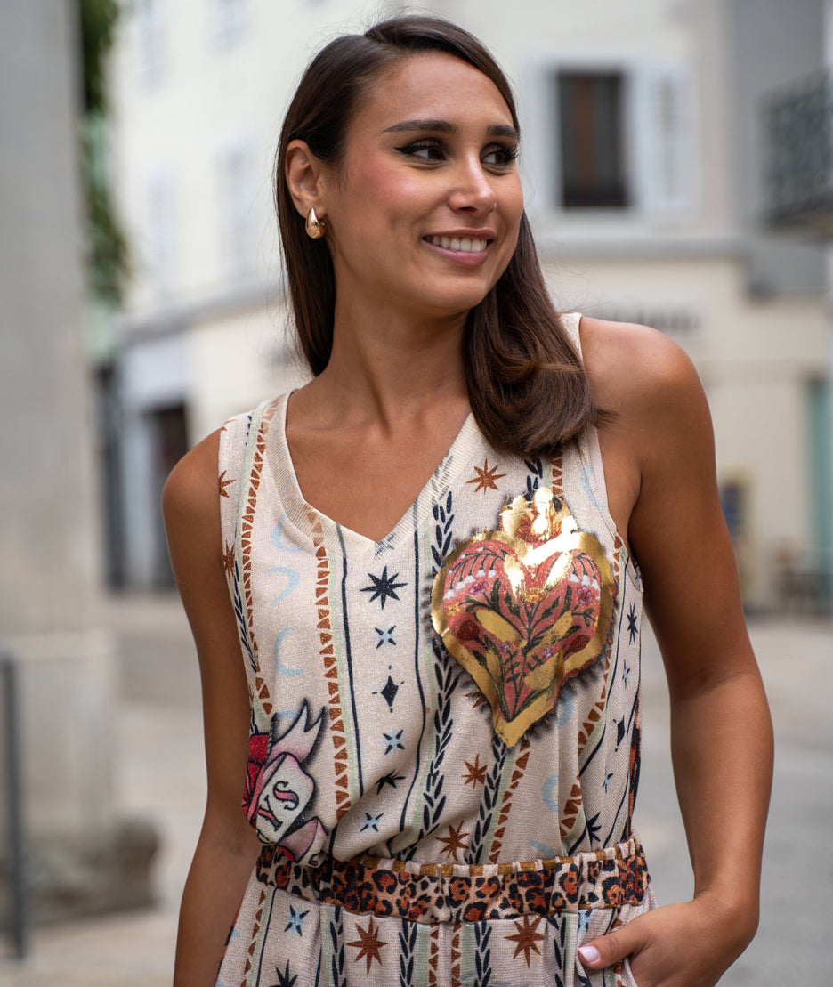 Débardeur pailleté à imprimé brique face avant