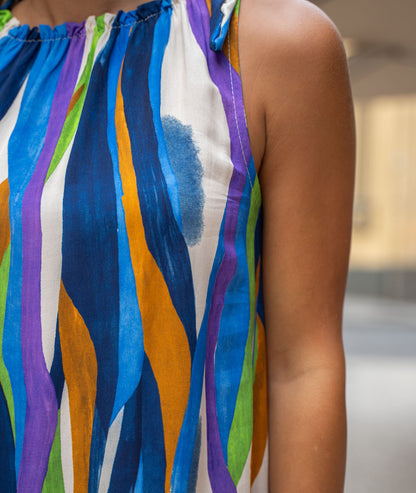 Robe courte fluide à imprimé bleu détail imprimé