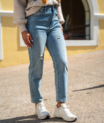 Jean bleu clair femme slim droit taille haute effet usé face avant