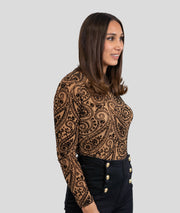 T-shirt en résille à motif arabesque camel face avant