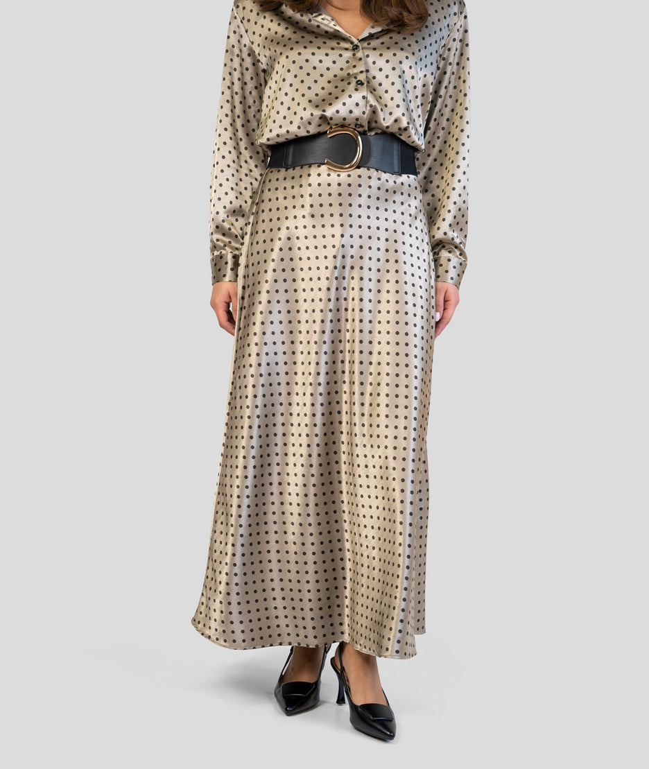 Ensemble en satin à pois gris jupe face
