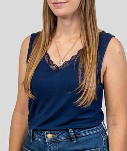 Débardeur col v dentelle Etiana - marine