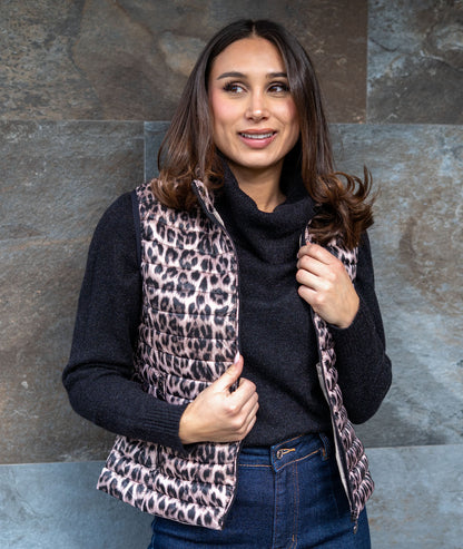 Doudoune sans manches léopard noir et beige face