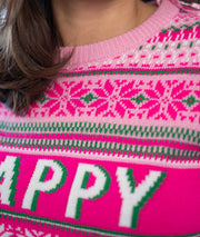 Pull de Noël Happymas rose détails