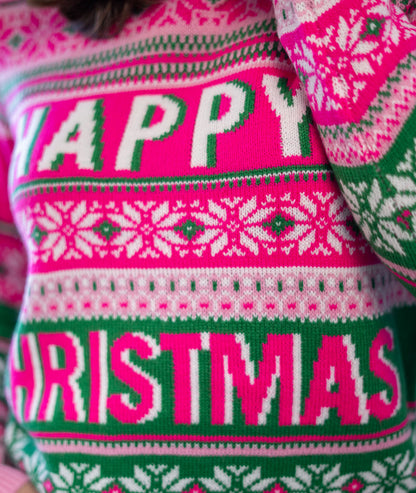 Pull de Noël Happymas rose détails