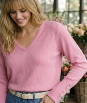 Pull col V uni rose détails