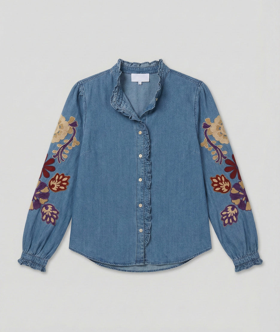 Chemise Daisy en jean brodée fleurs fond blanc