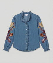 Chemise Daisy en jean brodée fleurs fond blanc