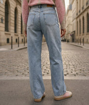 Jean bleu clair taille haute croisée face arrière