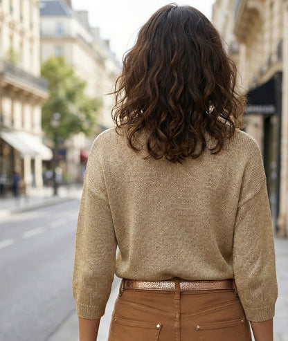 Pull col V en fine maille brillante - taupe