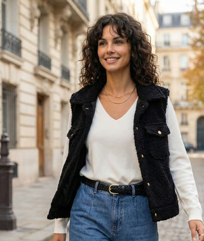Veste sans manches femme noire en bouclette face avant