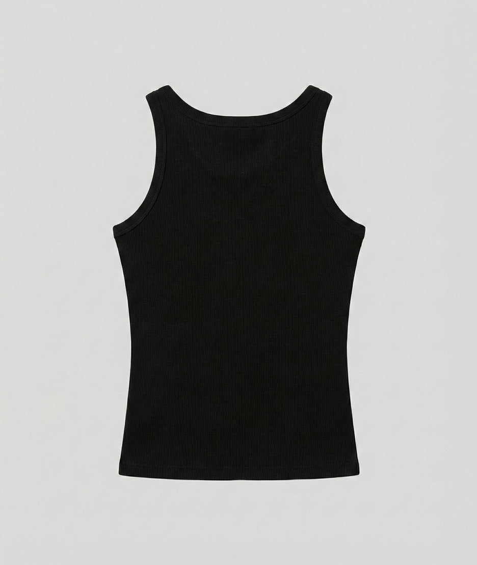 Débardeur femme noir côtelé ajusté col rond arrière