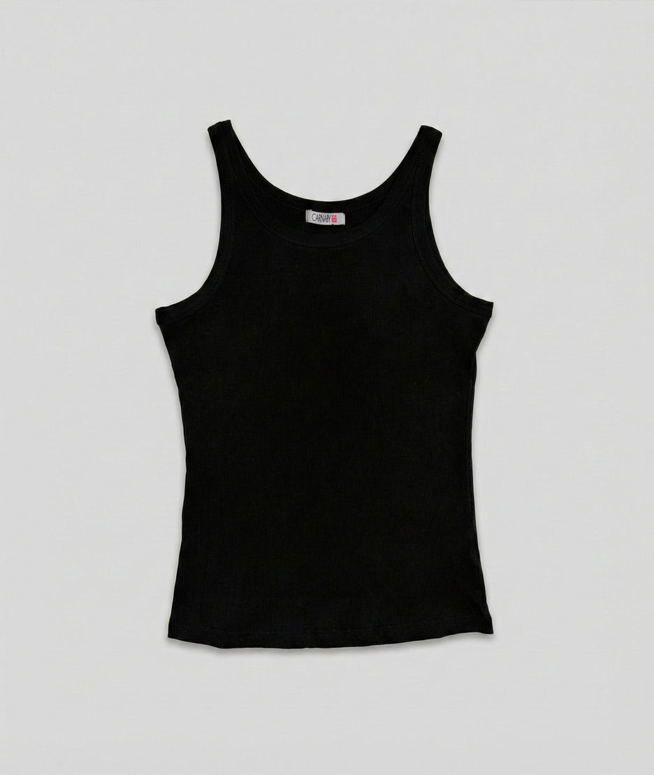 Débardeur femme noir côtelé ajusté col rond avant