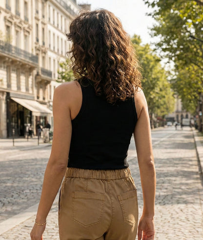 Débardeur femme noir côtelé ajusté col rond face arrière