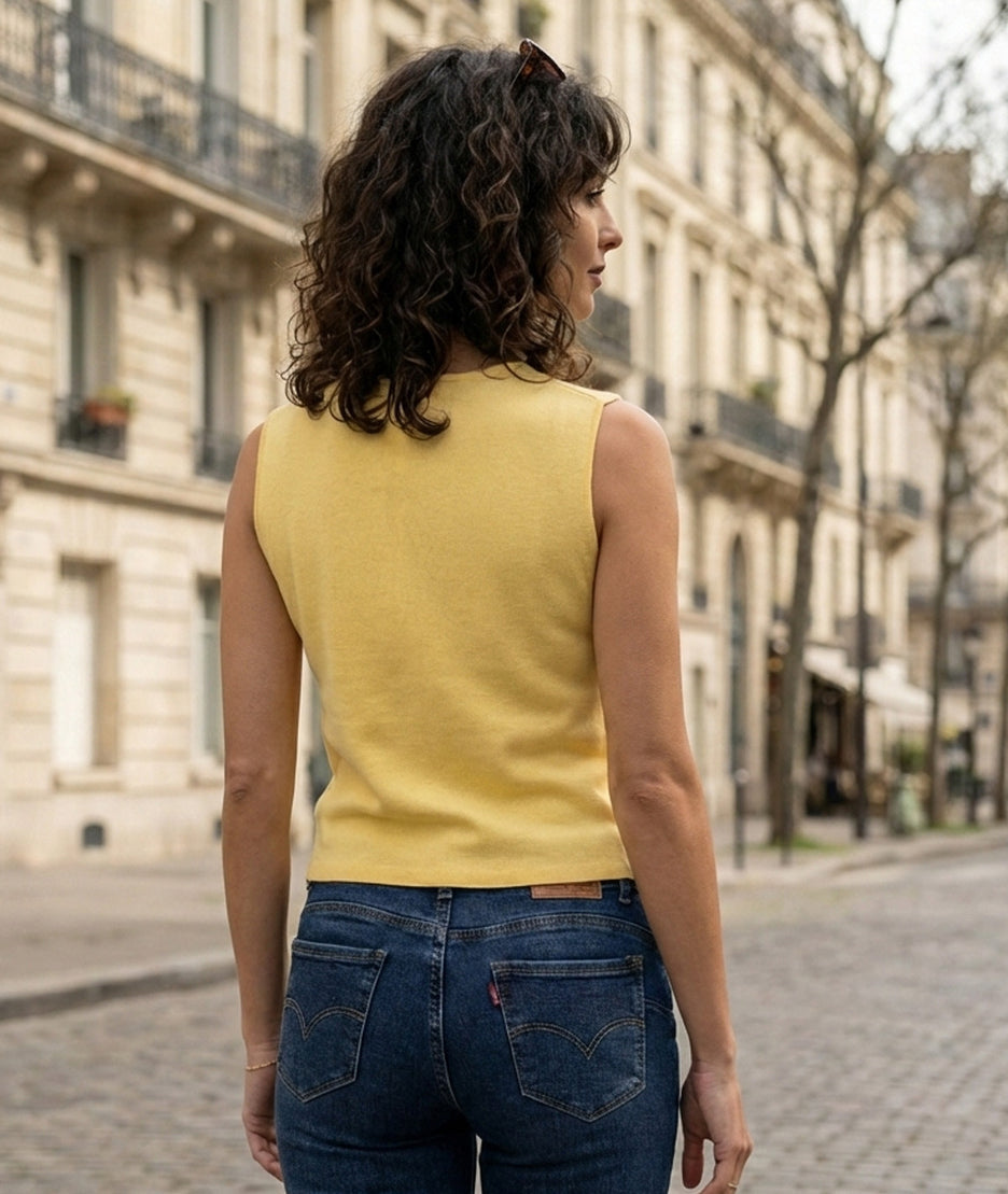 Gilet sans manches boutons dorés Bustia jaune dos