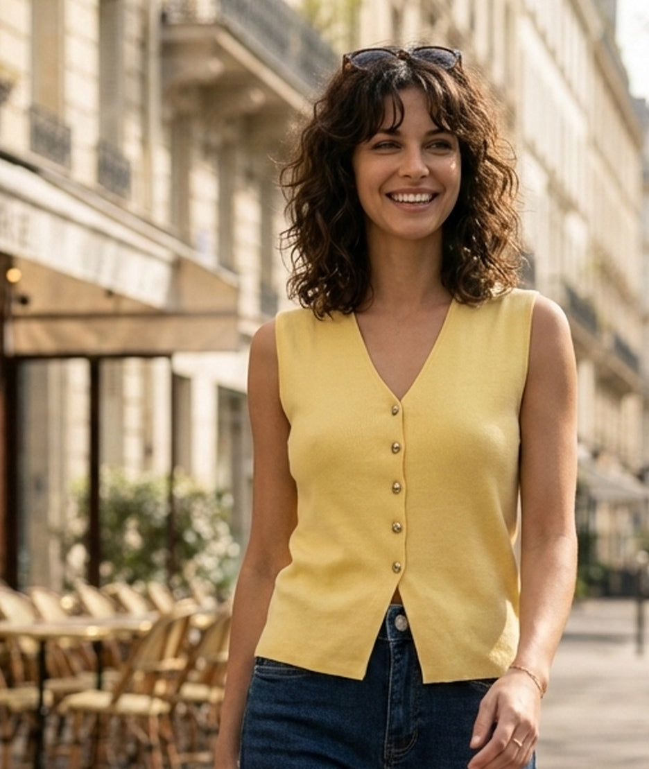 Gilet sans manches boutons dorés Bustia jaune face