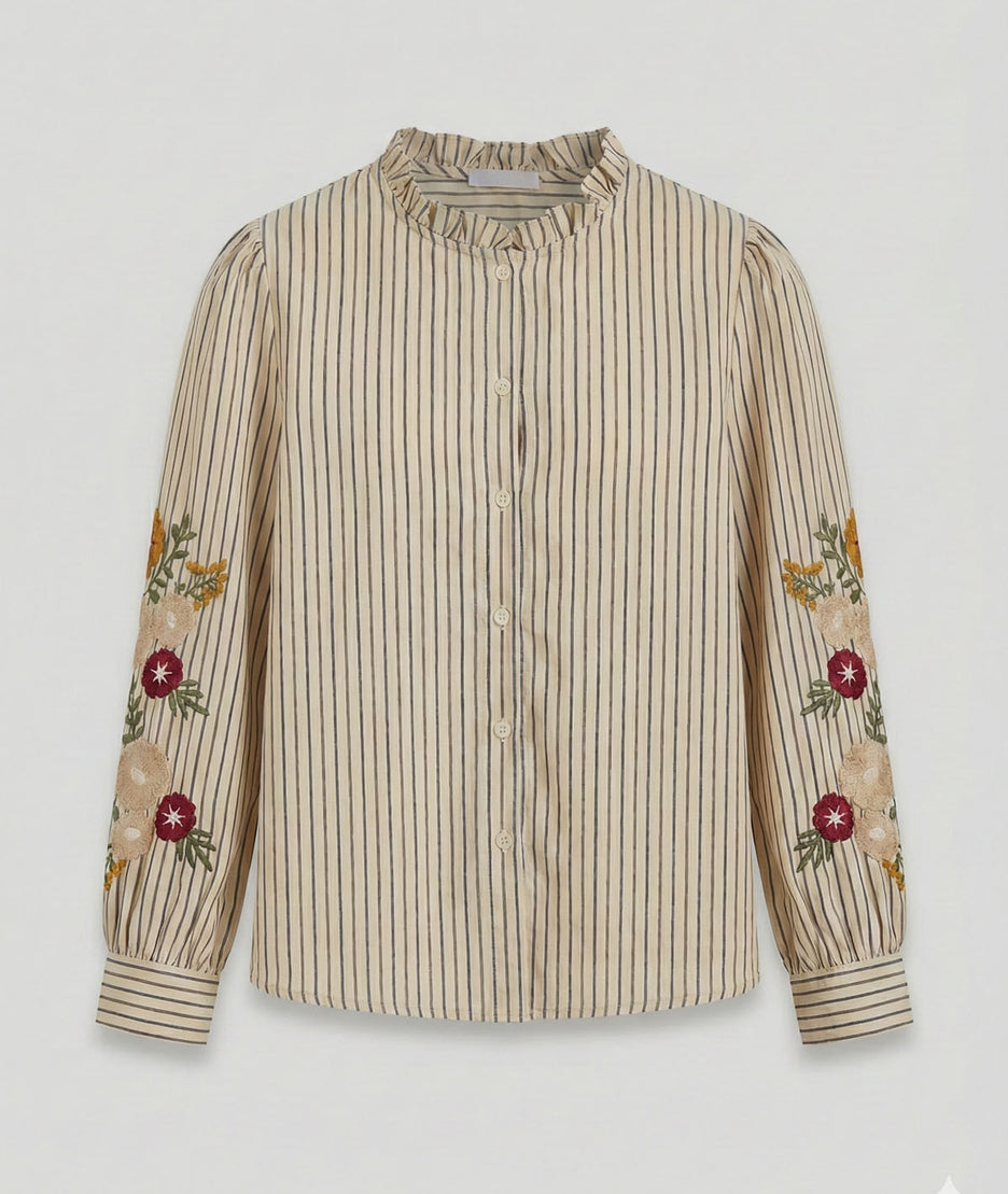 Chemise à rayures et broderies fleuries Alexia beige face