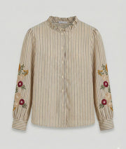 Chemise à rayures et broderies fleuries Alexia beige face