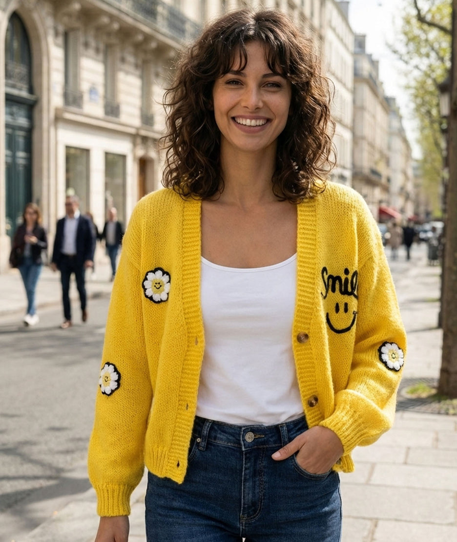 Gilet en maille à broderies Smily jaune face avant