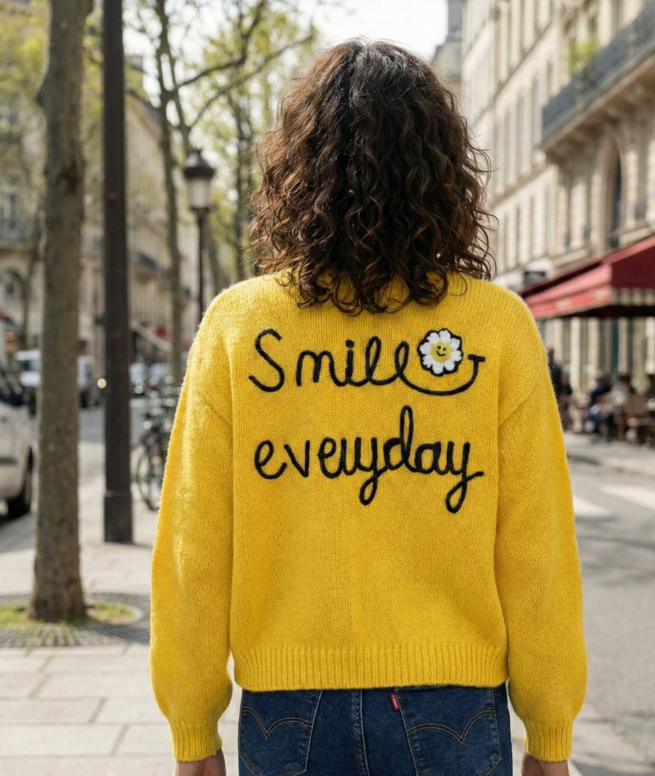 Gilet en maille à broderies Smily jaune face arrière