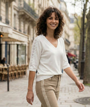 pull manches trois-quarts à dentelle Donna face avant