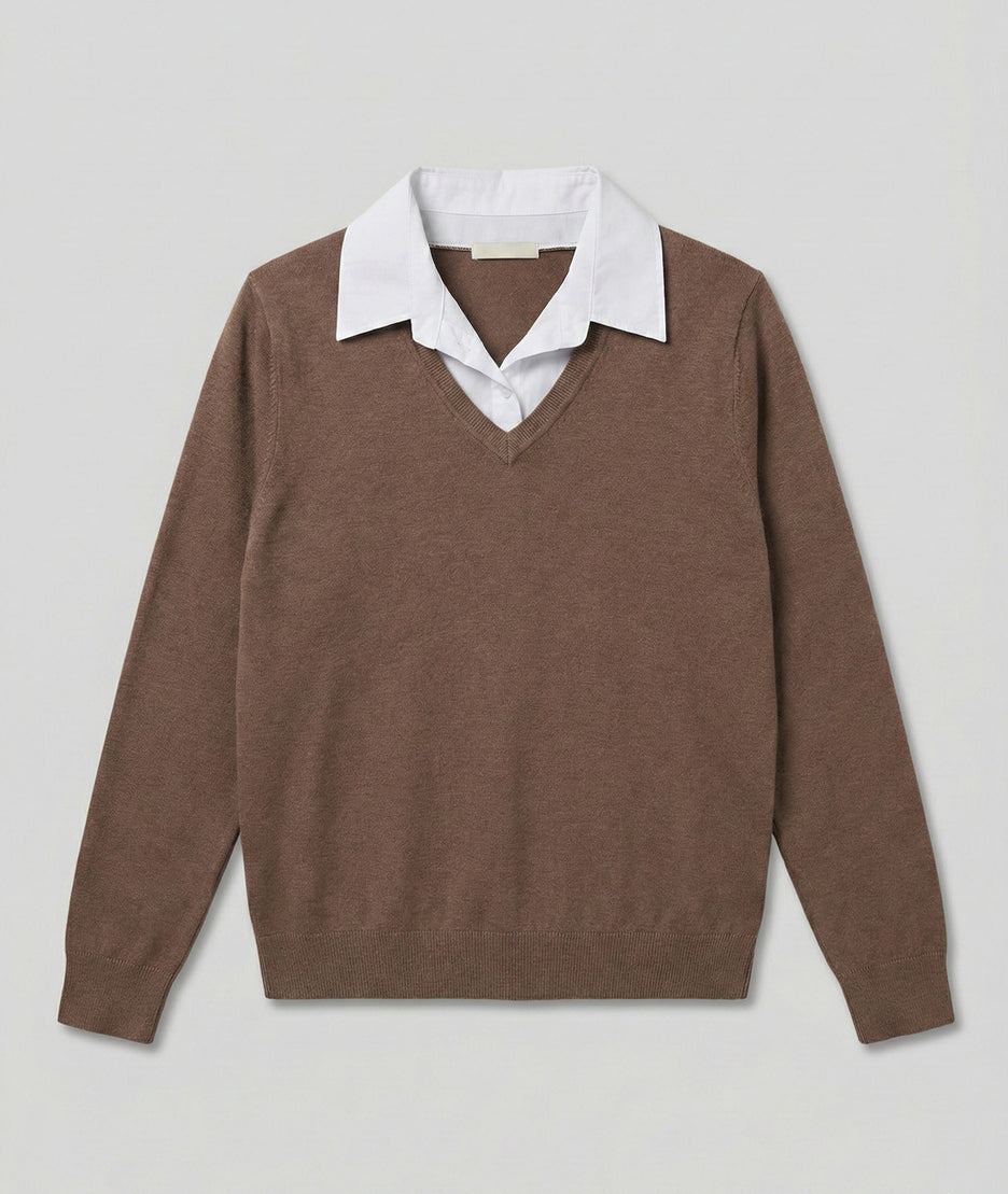 Pull col chemise taupe avant