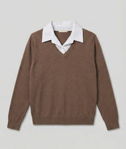 Pull col chemise taupe avant