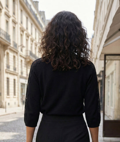 Pull manches trois-quarts à dentelle Donna noir face arrière