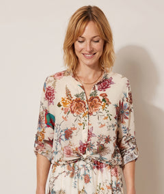 Chemise Amandine écru imprimé fleurs oiseaux col mao nouée face -Carnaby