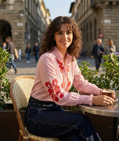 Chemise à rayures et broderie - rouge