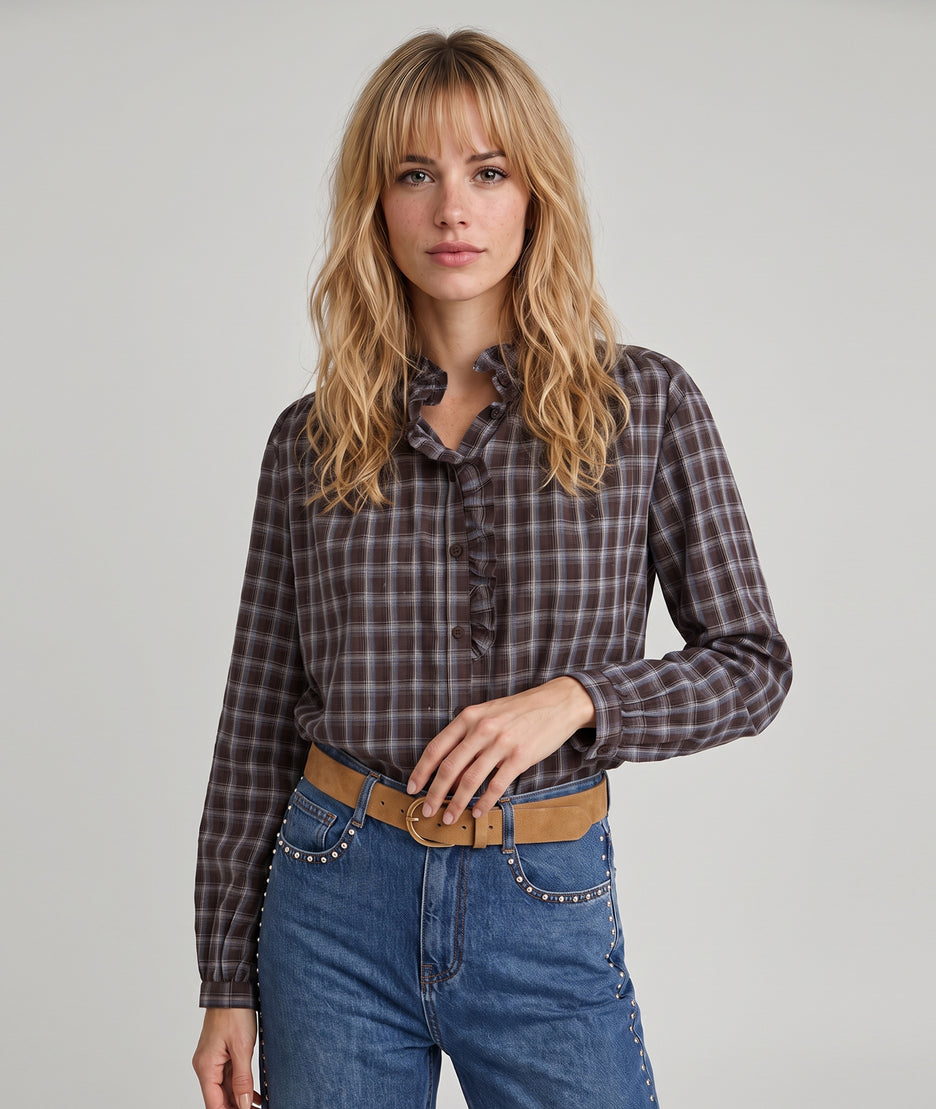 Chemise Cindy choco à carreaux avec volants — marque Carnaby