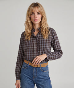 Chemise Cindy choco à carreaux avec volants — marque Carnaby