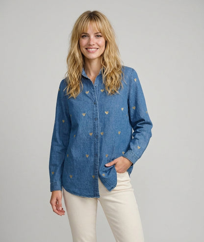 Chemise à broderies cœurs femme en denim bleu Clara